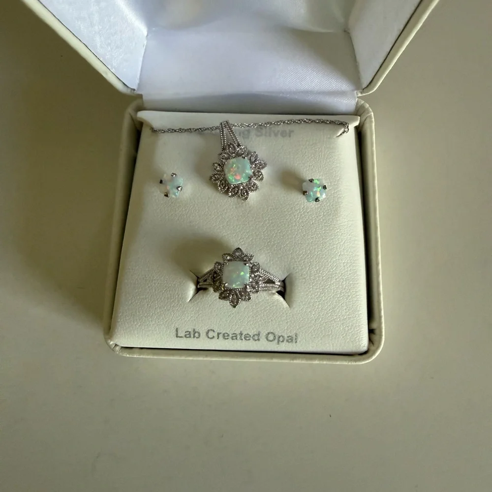 Sterling Silver Lab Created Opal Set - Picture 1 of 2